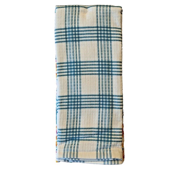 Pioneer Woman Folk Geo Floral Kitchen Towels Blue White Plaid 2-Piece Cotton - Picture 4 of 4